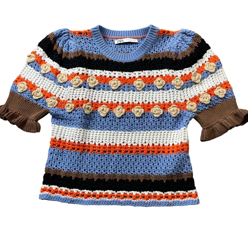 Zara Large TRF Floral Multi Color Short Ruffled‎ Cuffs Sleeve Sweater